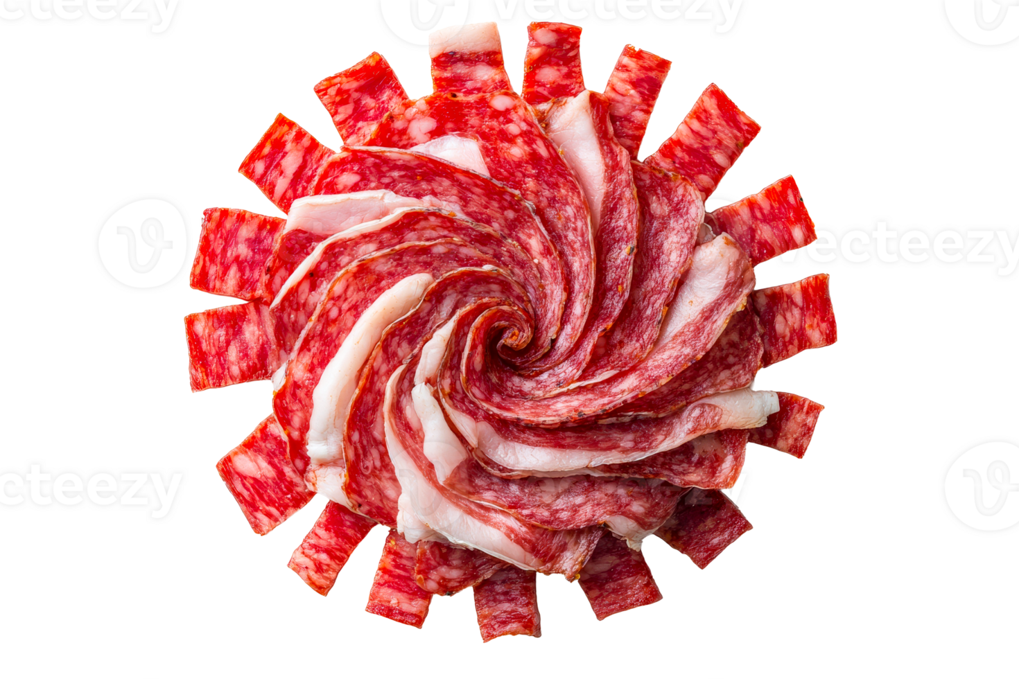 Sliced salami arranged in a spiral pattern on transparent background png