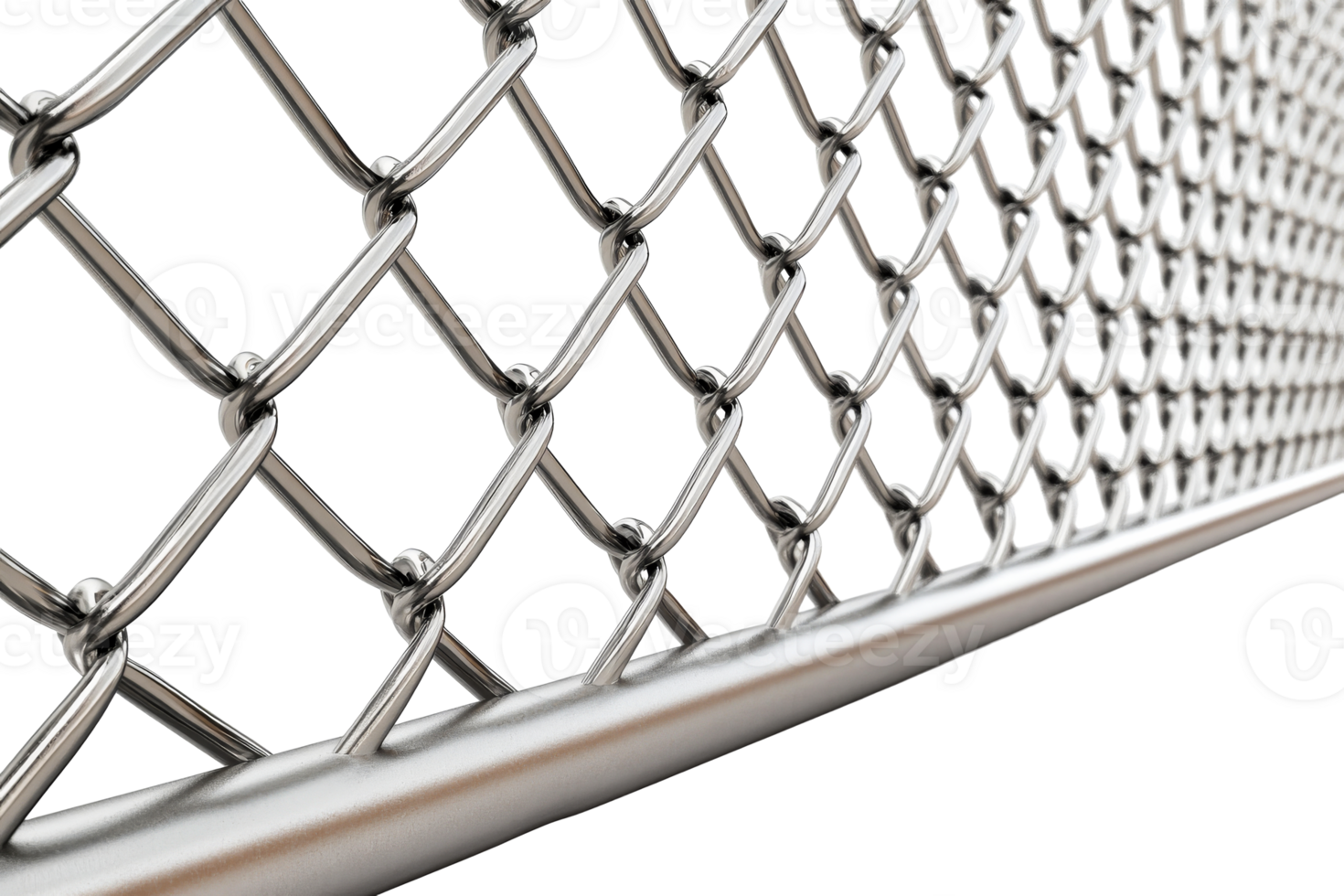 Detailed view of a metallic chain link fence with a clear background png