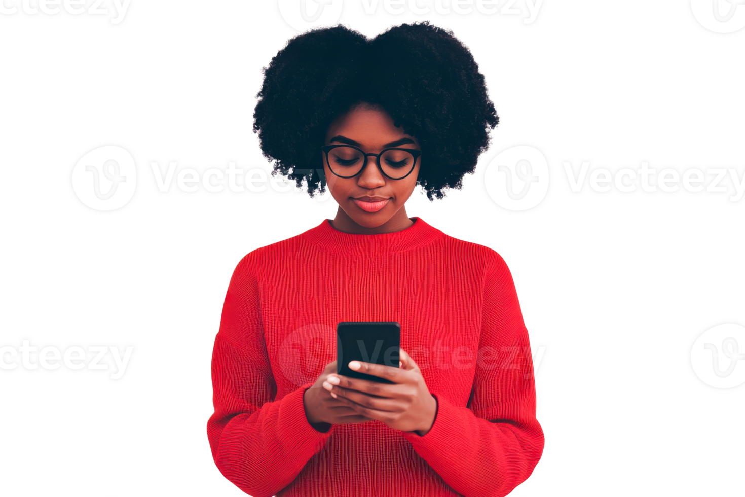 Young woman using smartphone while wearing red sweater and glasses png
