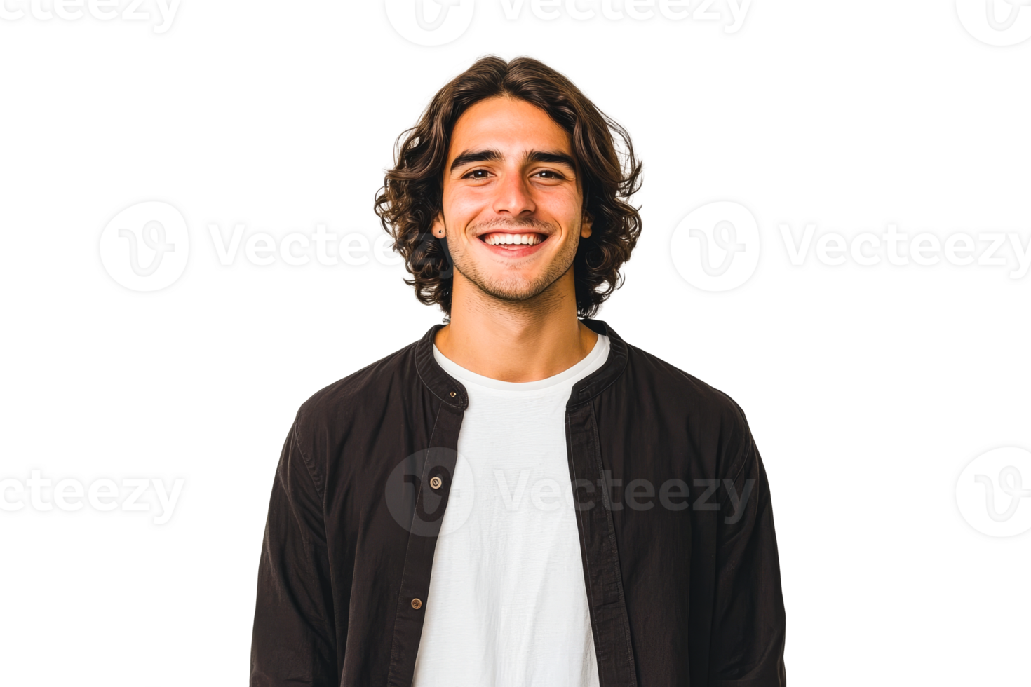 Young man with curly hair smiling against a transparent background png
