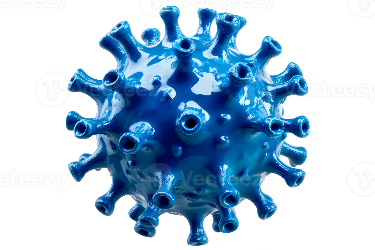 Microscopic view of a blue virus with spikes, detailed rendering, cut out transparent png