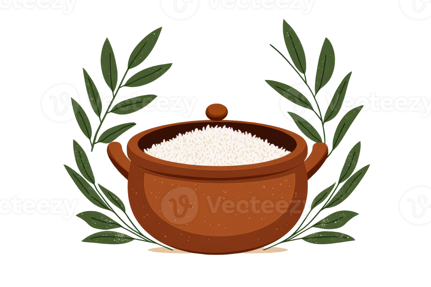 Rice in a Clay Pot Surrounded by Olive Branches, cut out transparent png