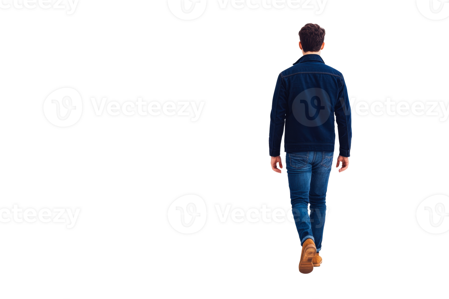 Man walks away in jeans and jacket, back view, full length, cut out transparent png