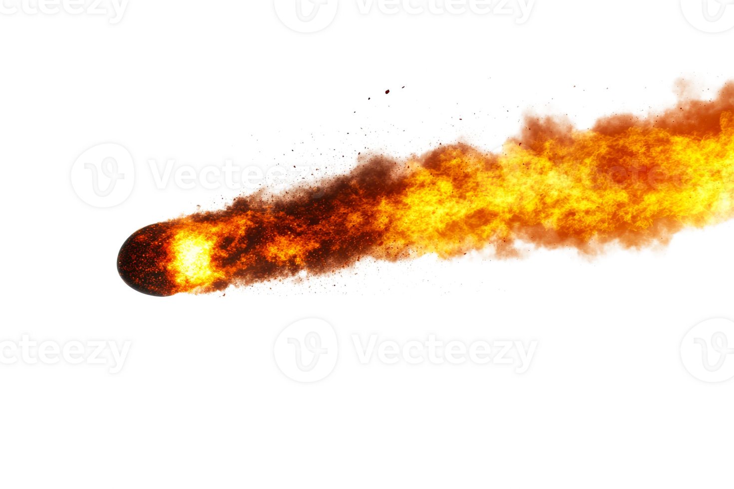 Fiery meteor streaking across space with a bright tail, cut out transparent png