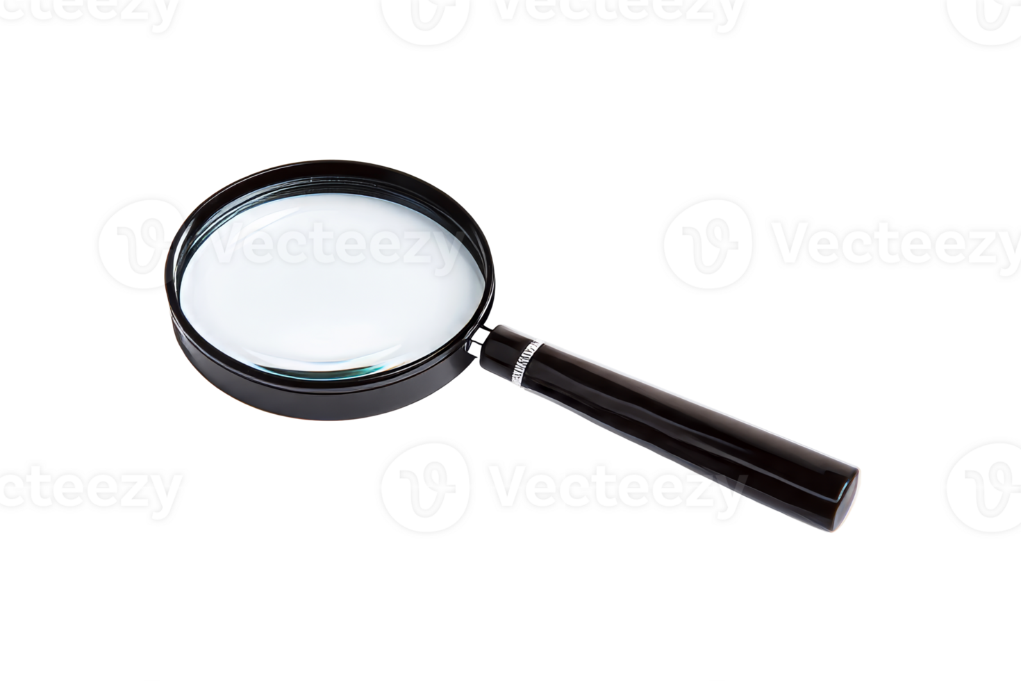 Magnifying glass with black handle on a black background, cut out transparent png