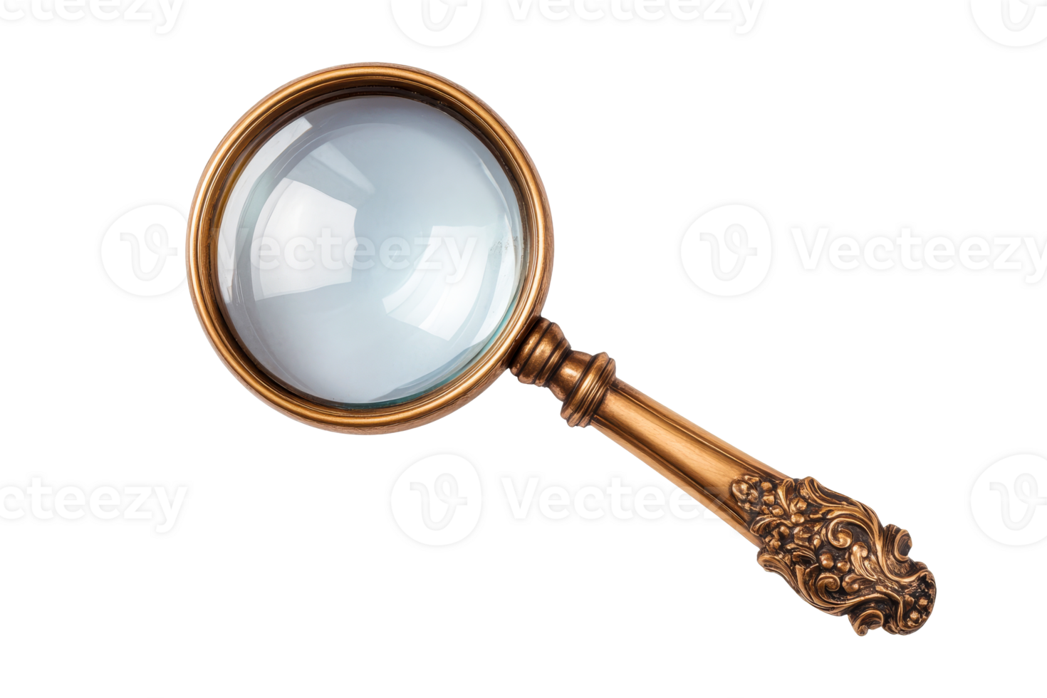Vintage magnifying glass with gold handle, detailed ornate design, cut out transparent png