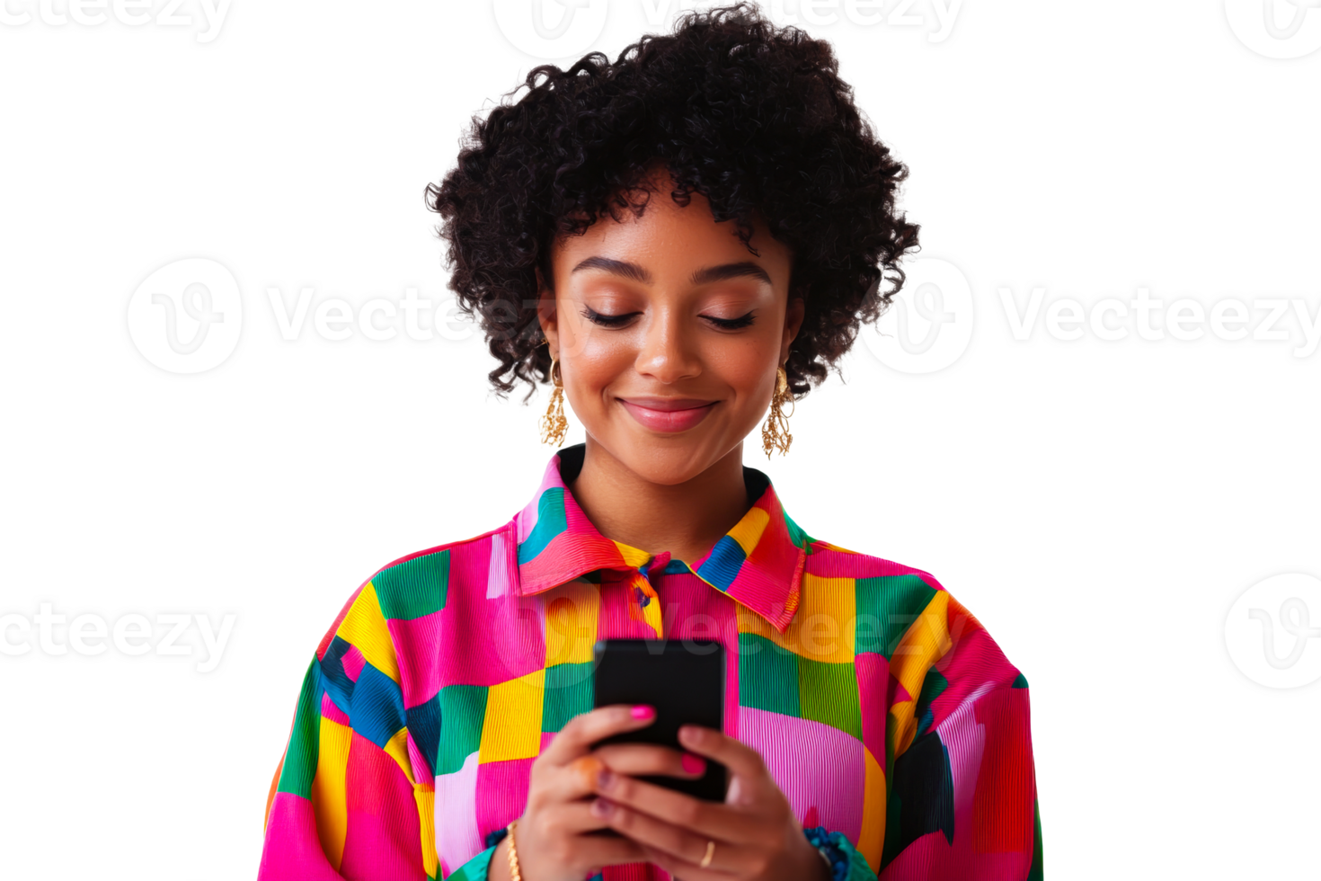 Afro woman using smartphone, colorful shirt, communication, cut out transparent png