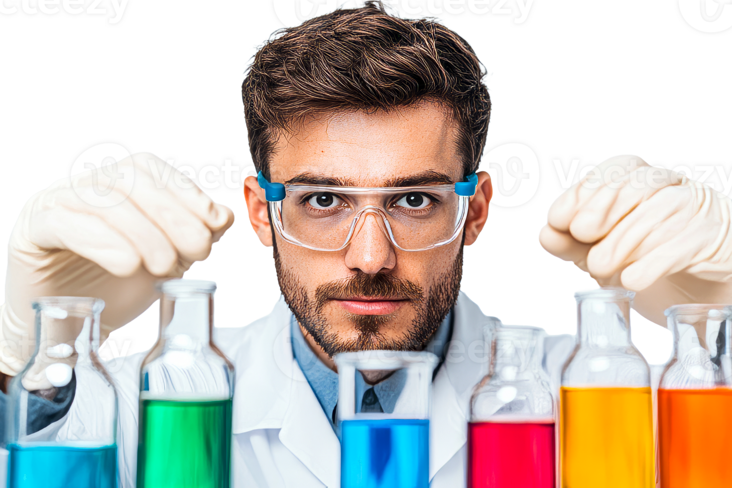 Scientist examines colorful chemicals in lab, research experiment, cut out transparent png