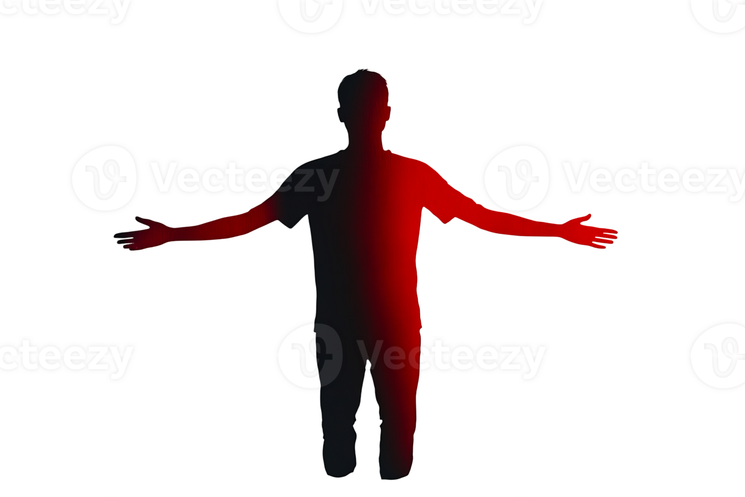 Silhouette of man with open arms, red and black colors, cut out transparent png