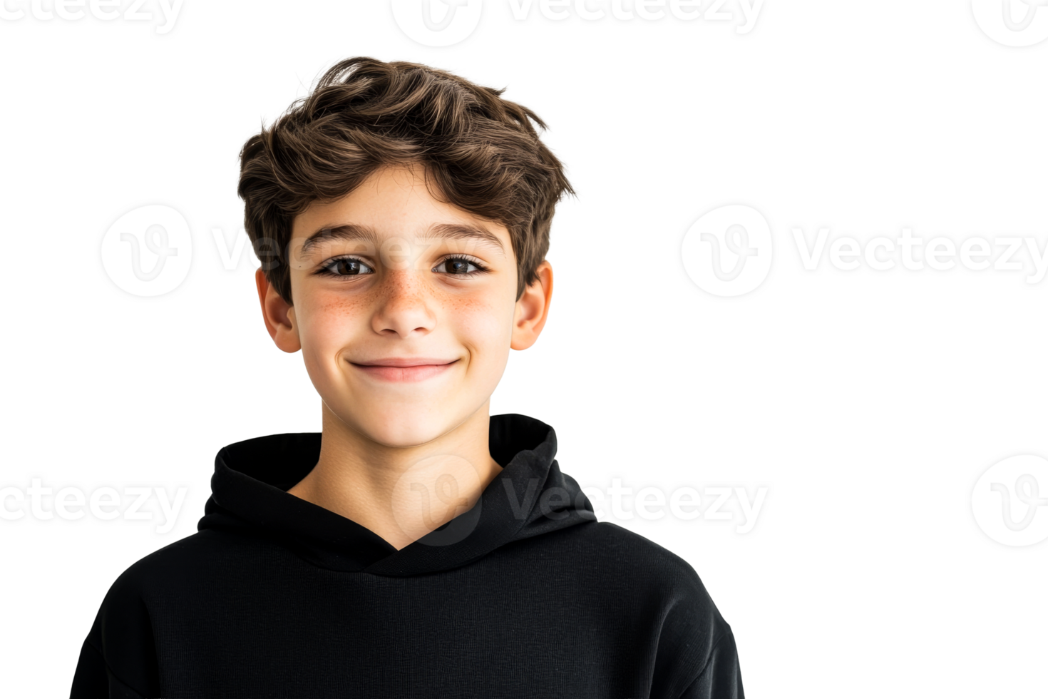 Smiling boy with freckles in hoodie, looking forward, cut out transparent png