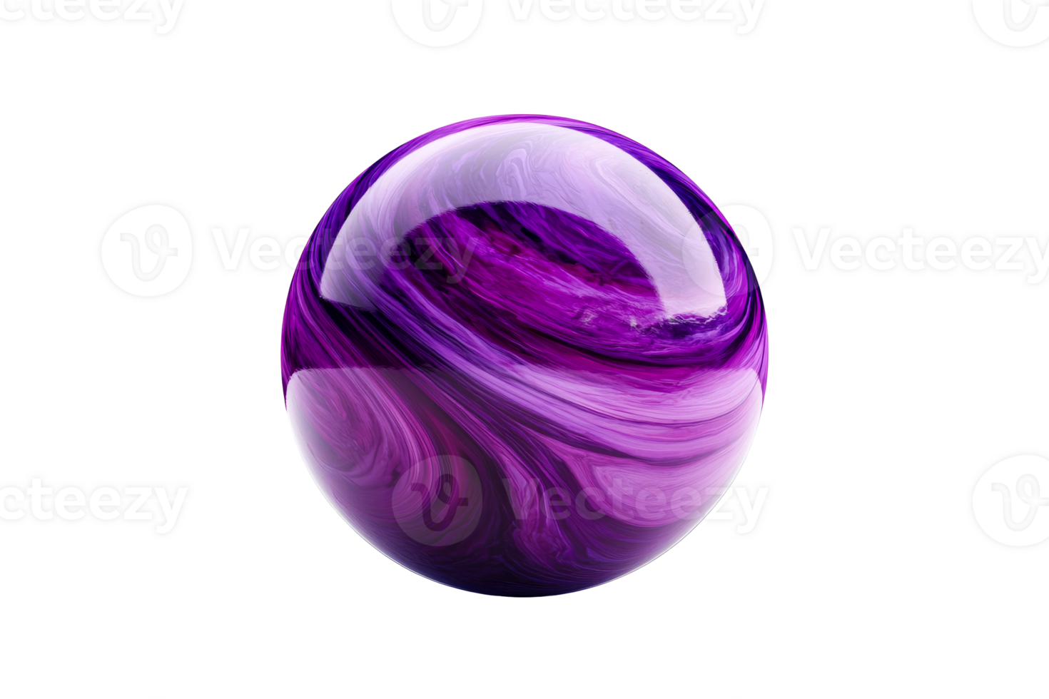 Glassy ball with purple pattern and highlight in center, cut out transparent png