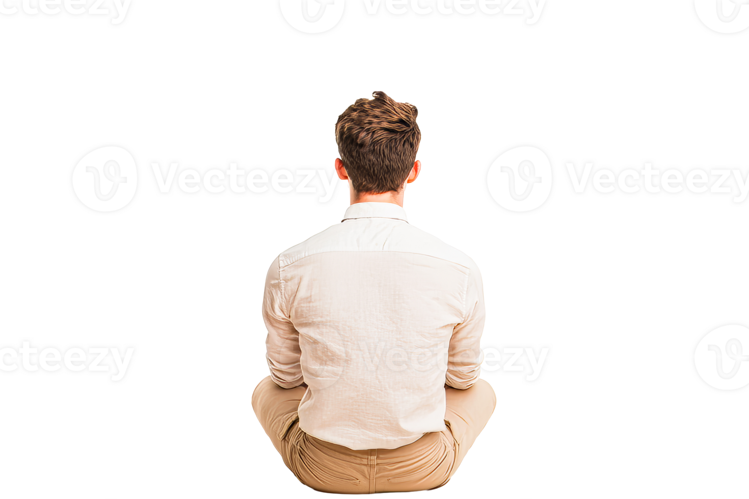 Man seated cross-legged from behind, on the floor, calm posture, cut out transparent png