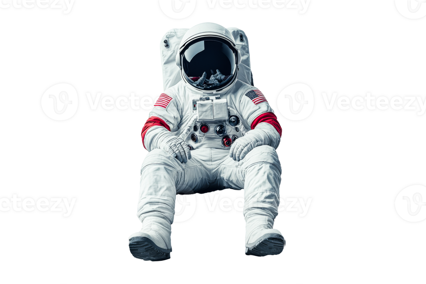 Astronaut sitting wearing space suit, helmet, zero gravity, cut out transparent png
