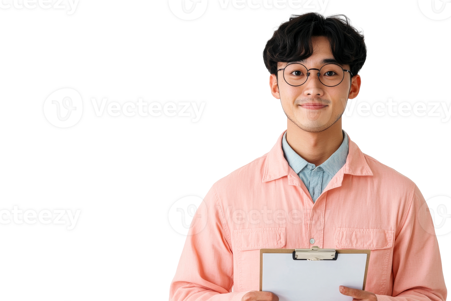 Asian man wearing glasses smiles, holding clipboard, cut out transparent png