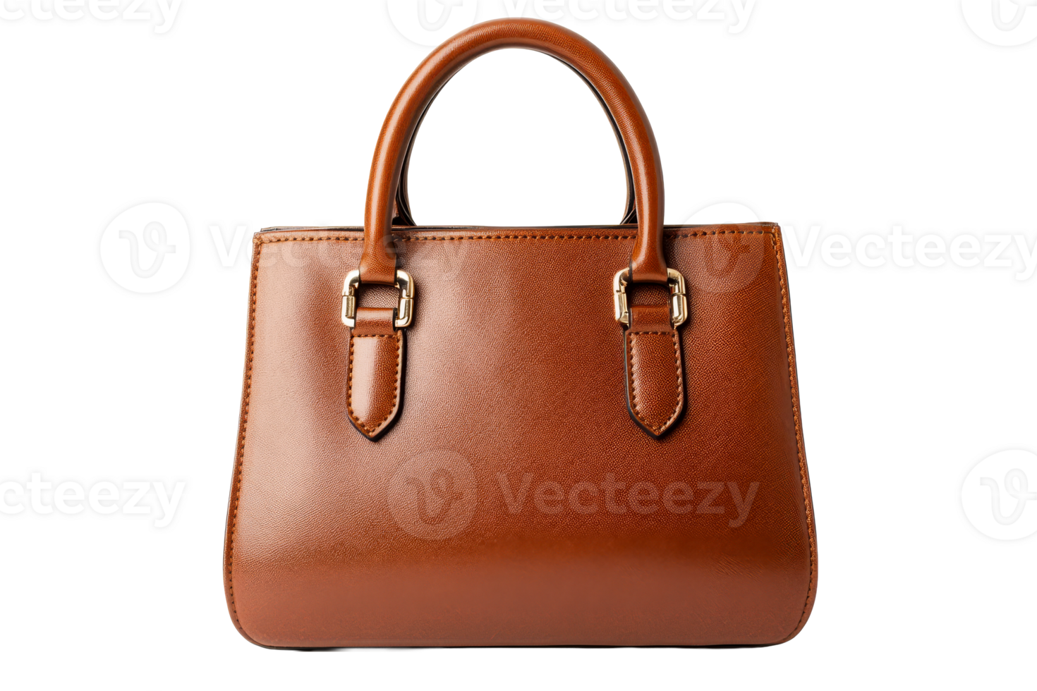Stylish brown leather handbag with top handle, cut out transparent png