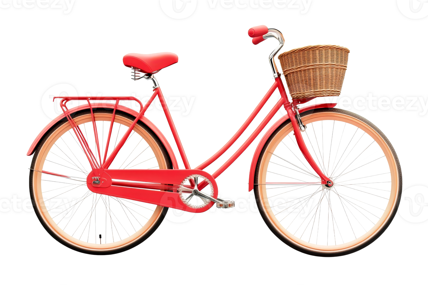 Red vintage bicycle with basket isolated on black, cut out transparent png