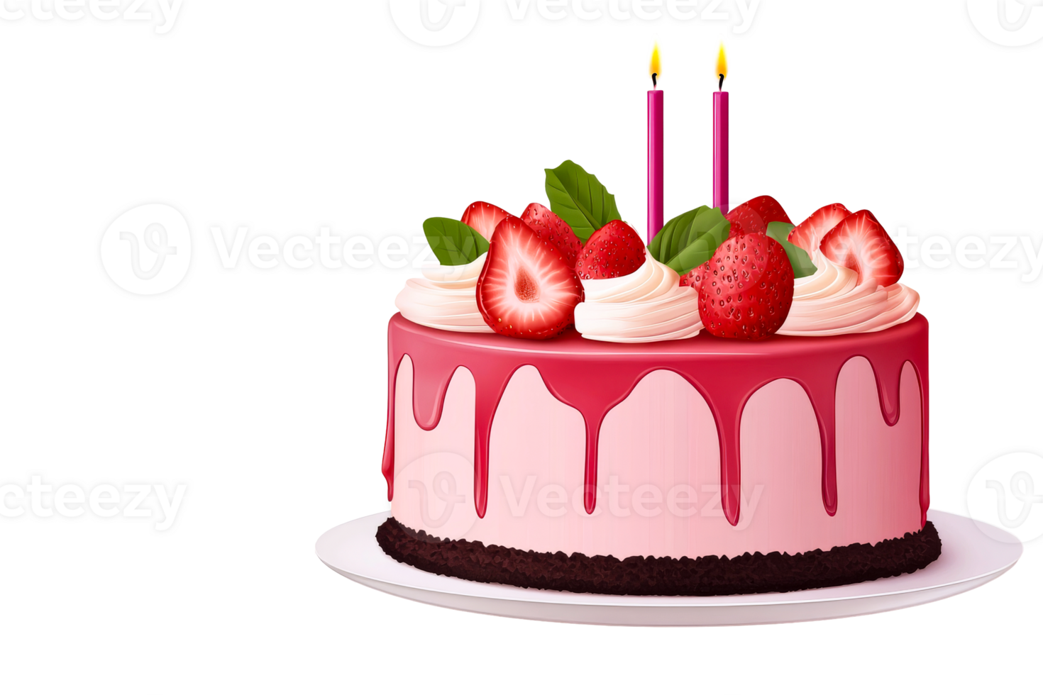 Strawberry birthday cake with candles and cream, cut out transparent png