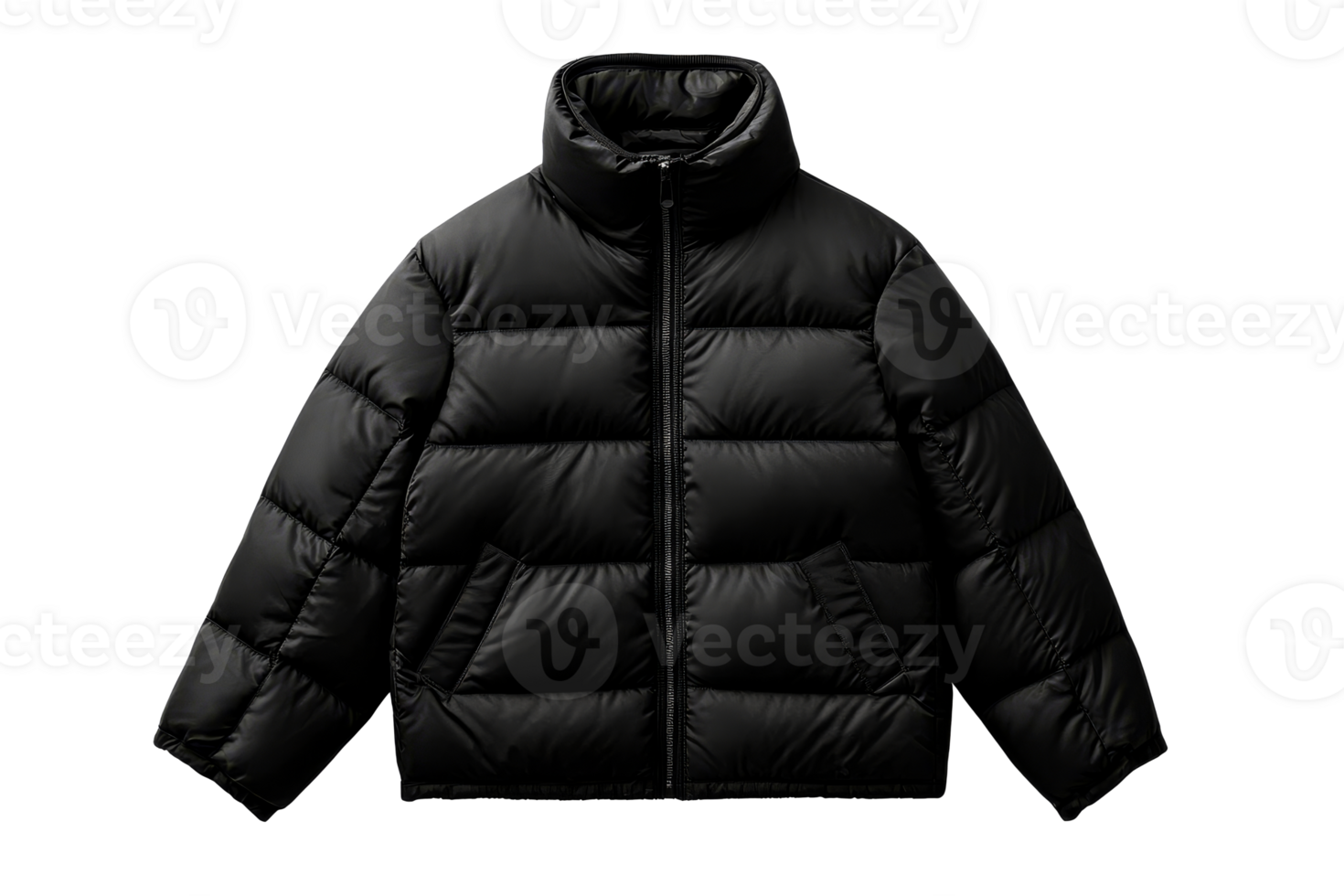 Stylish black puffer jacket with high collar, modern design, cut out transparent png