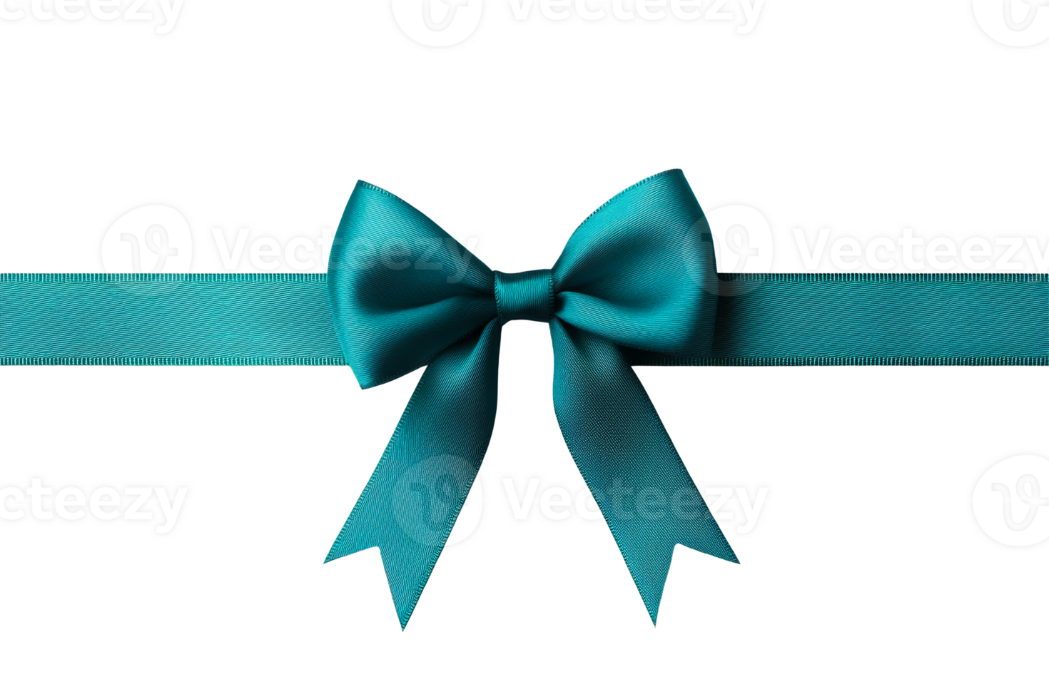 Teal satin ribbon bow centered on black background, cut out transparent png