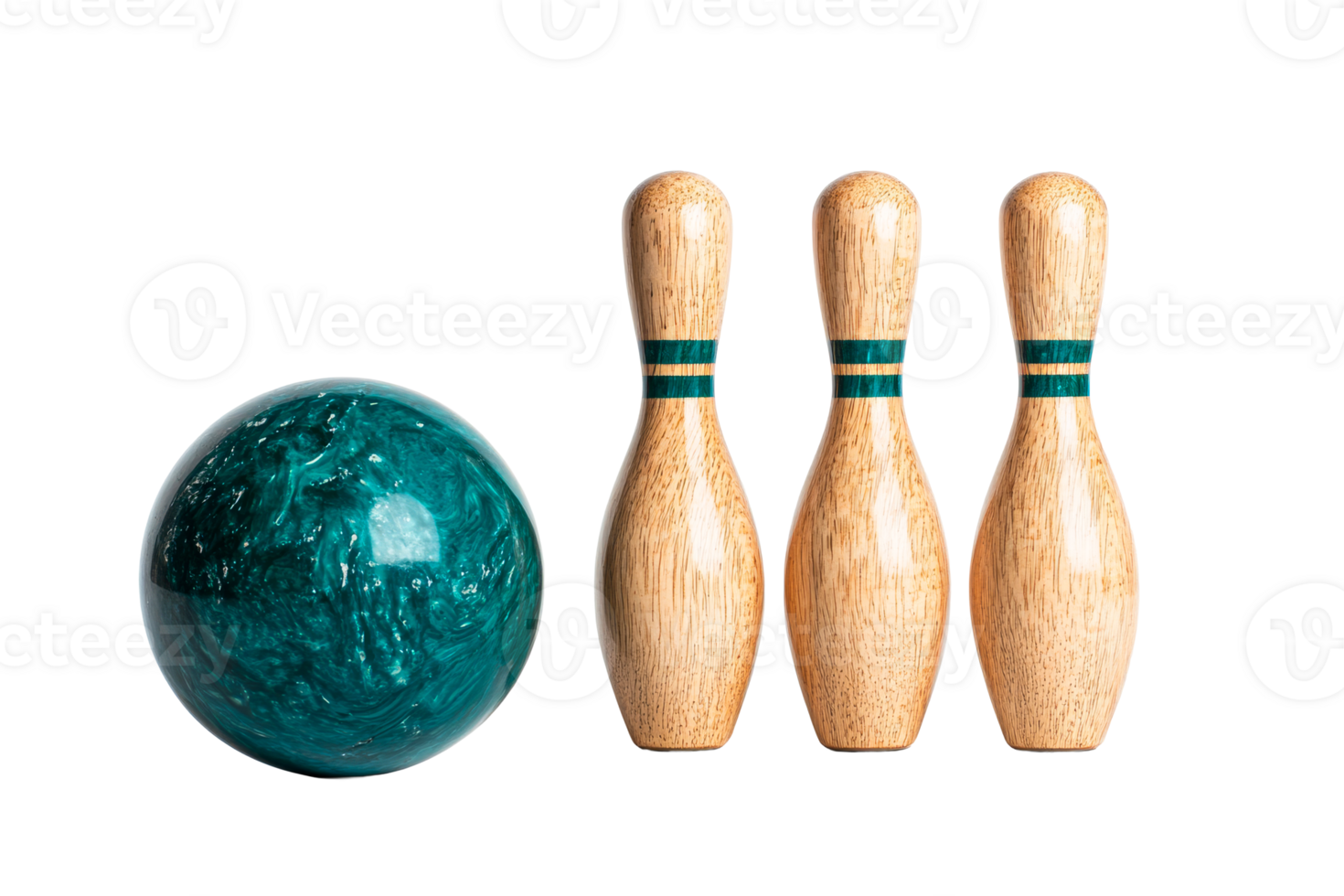 Bowling ball and three pins stand in a line, isolated objects, cut out transparent png