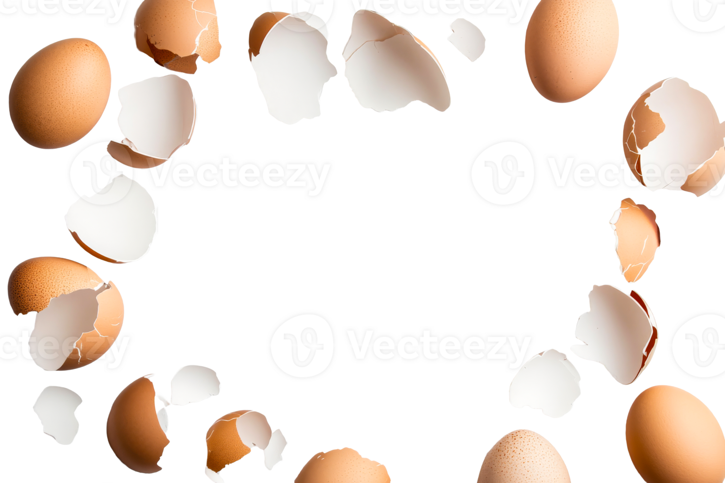 Frame of brown eggs and broken shells on black, cut out transparent png