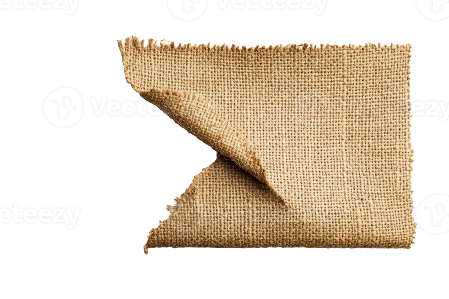 Burlap fabric with a folded corner showing the coarse texture, cut out transparent png