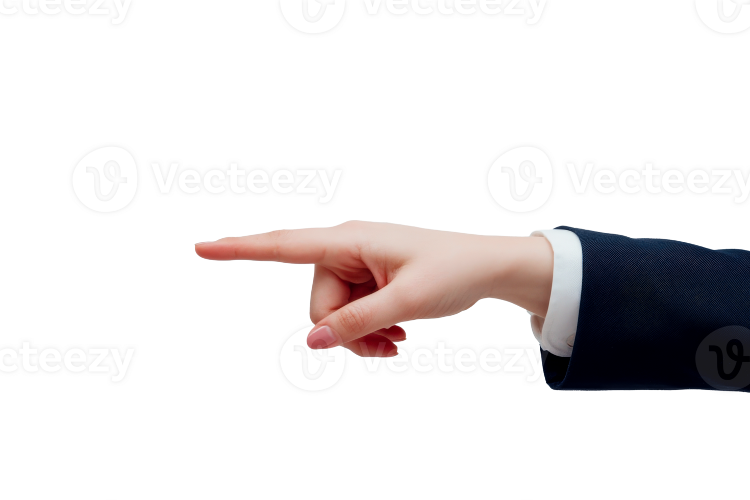 Hand in suit jacket points to the left, hand gestures, direction, cut out transparent png