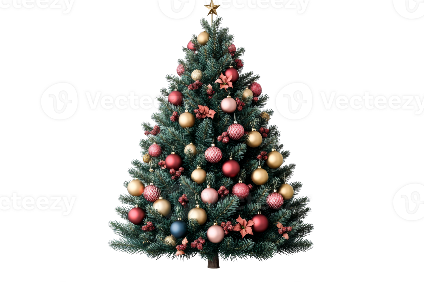 Christmas tree decorated with balls and a star on black background, cut out transparent png