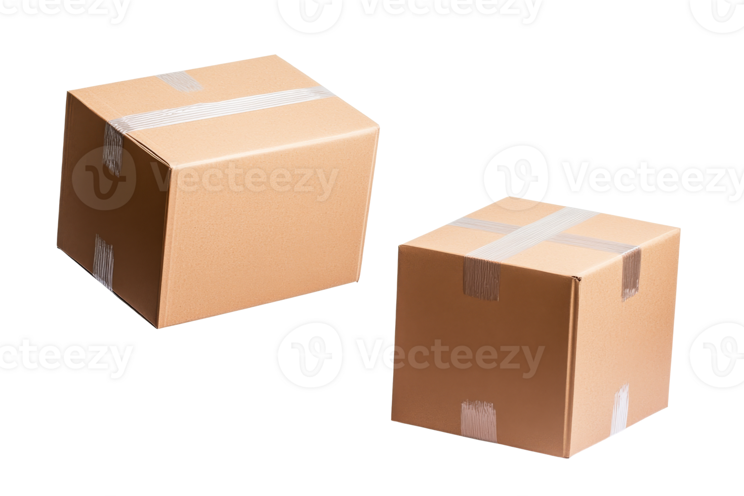 Two cardboard boxes taped, isolated on black background, cut out transparent png