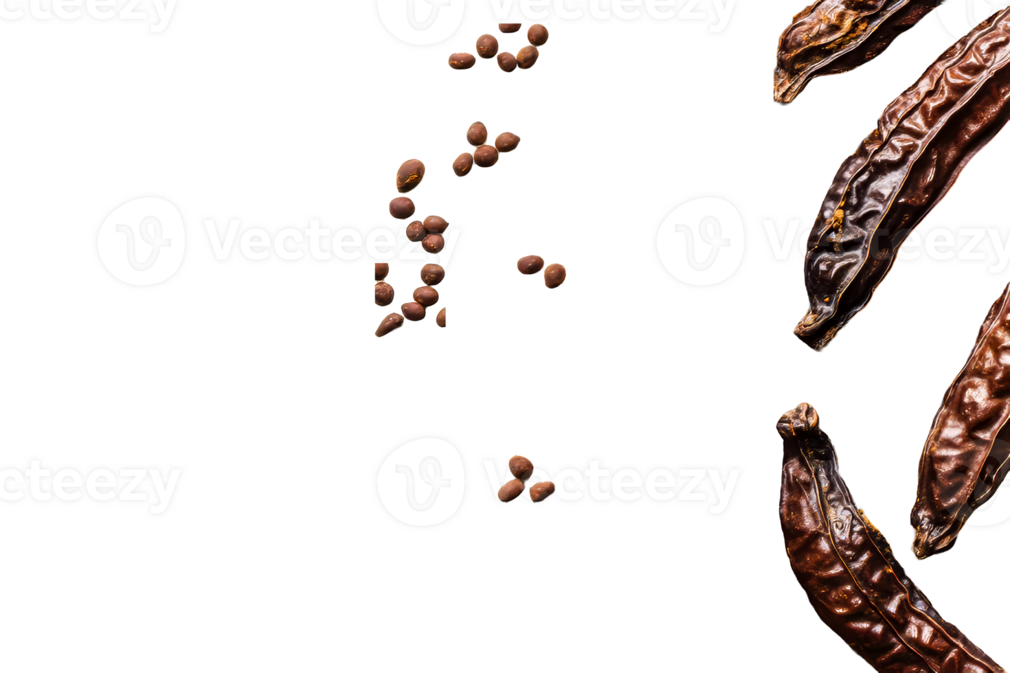 Close-up carob pods and seeds on a dark background, cut out transparent png
