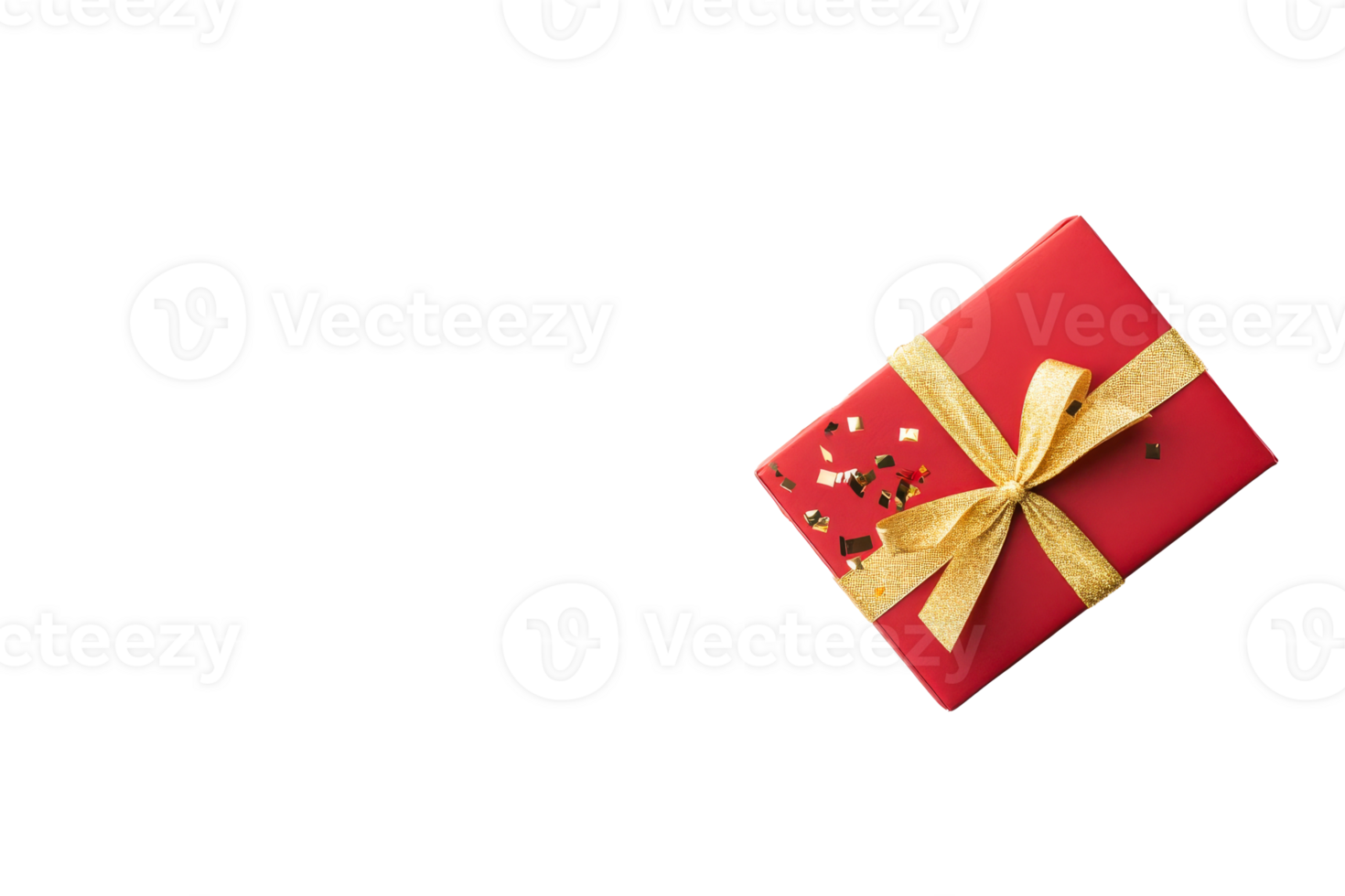 Red gift box with golden ribbon and confetti, cut out transparent png