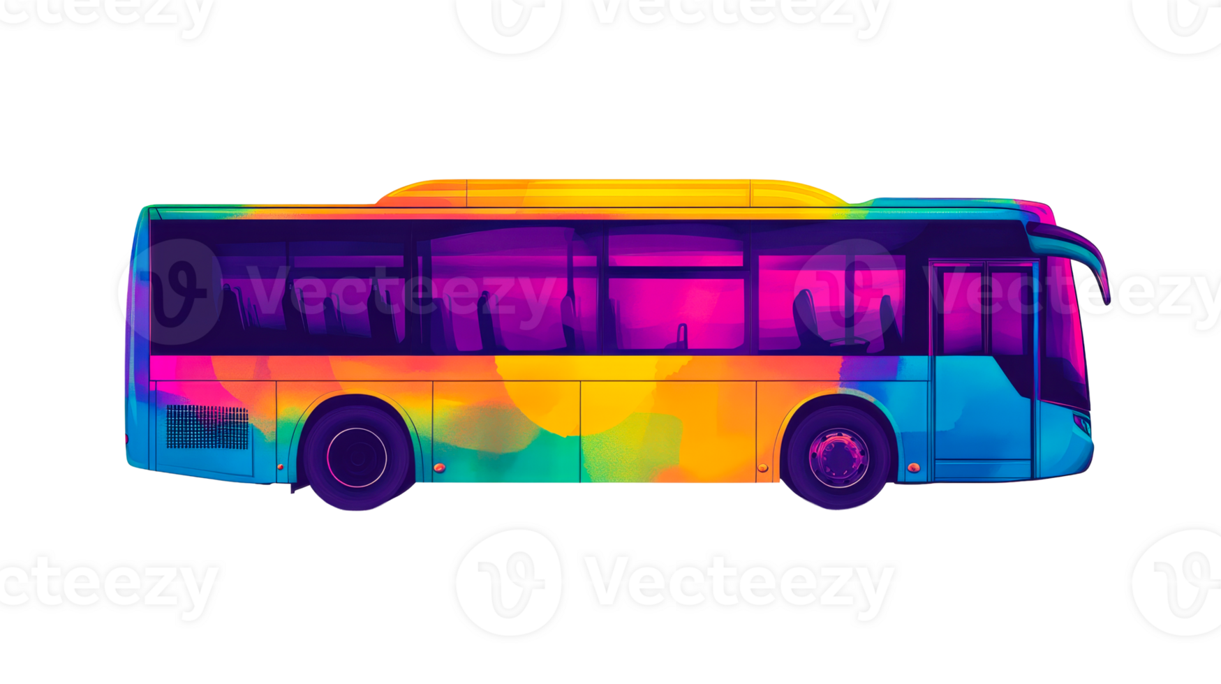 Neon colored bus with empty seats in modern style, cut out transparent png