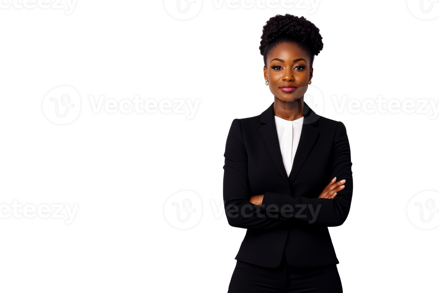 Elegant businesswoman in a suit with arms crossed, cutout transparent png