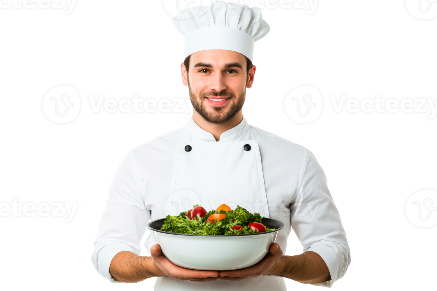 Chef smiling holding salad bowl with vegetables, cut out transparent png