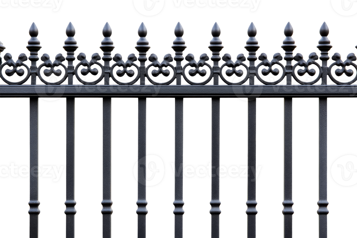 Ornate metal fence with decorative details, isolated on black, cut out transparent png