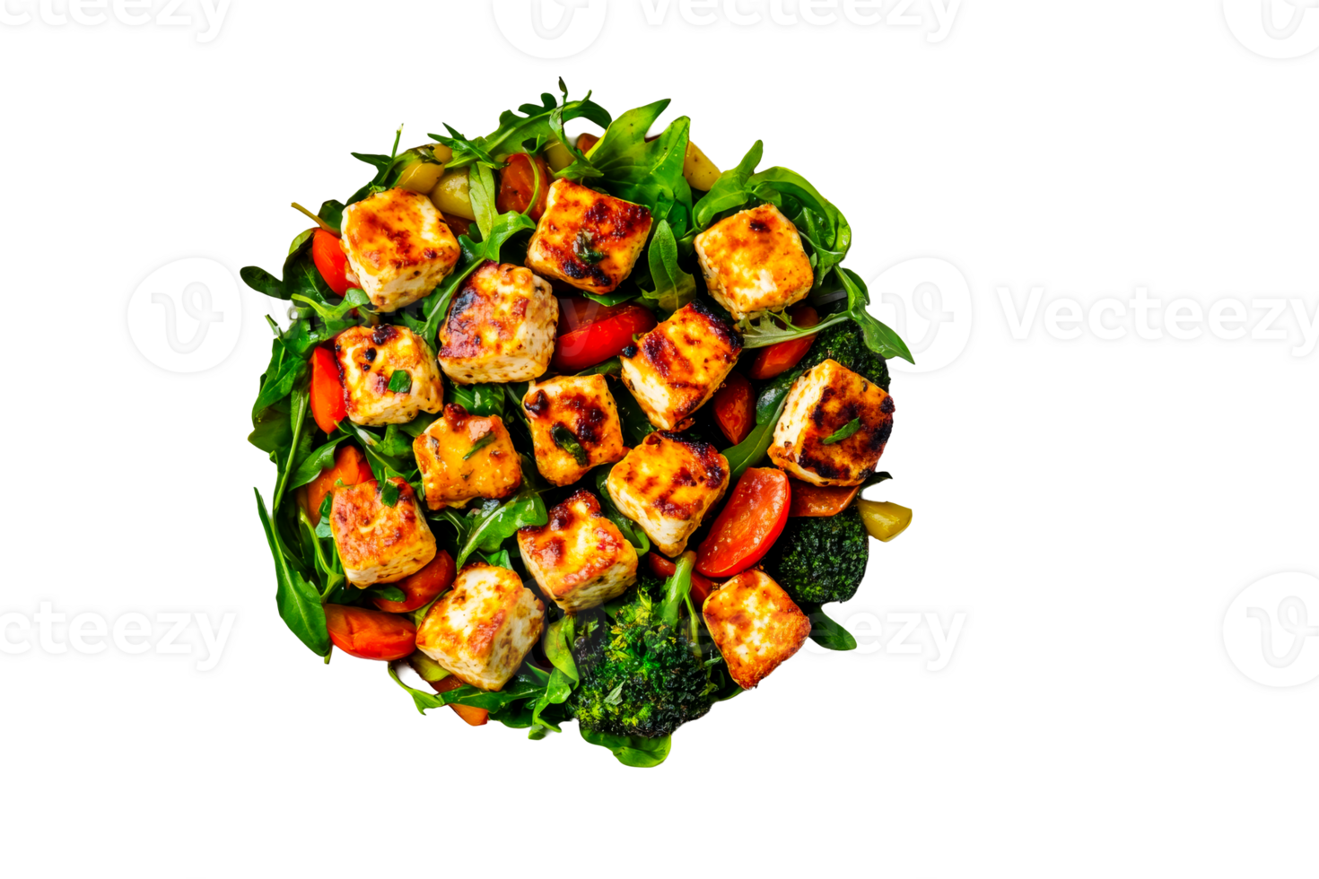 Grilled paneer salad with broccoli and arugula, cut out transparent png