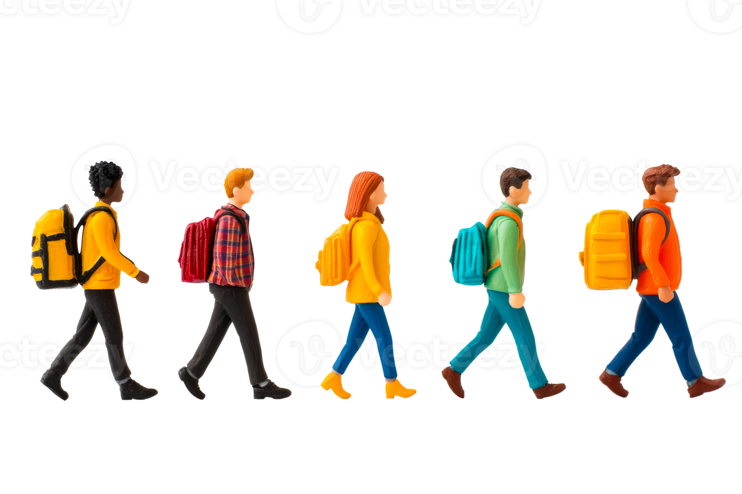 Students walking with backpacks, colorful attire, cut out transparent png
