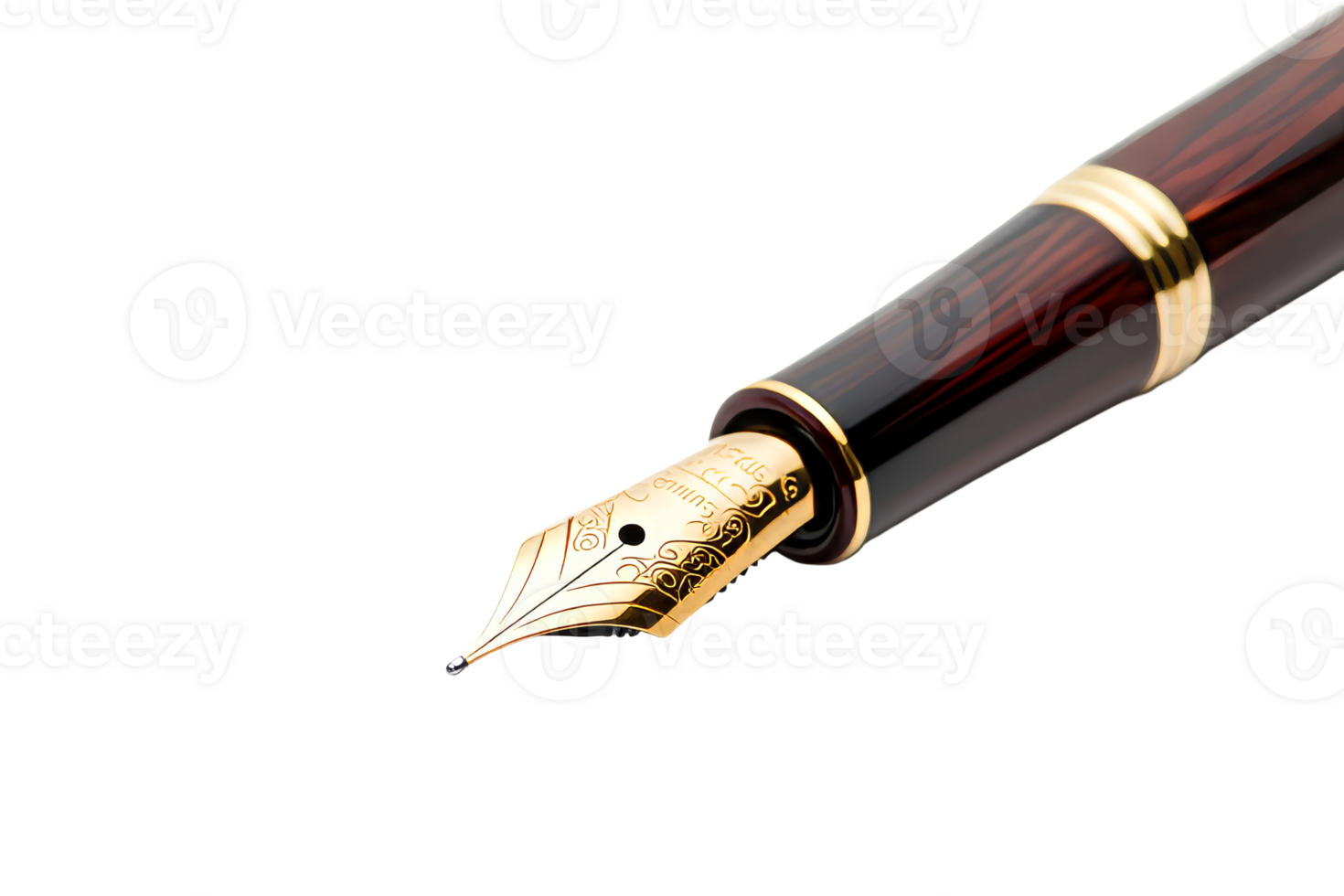 Golden fountain pen with ornaments, stationery object, cut out transparent png
