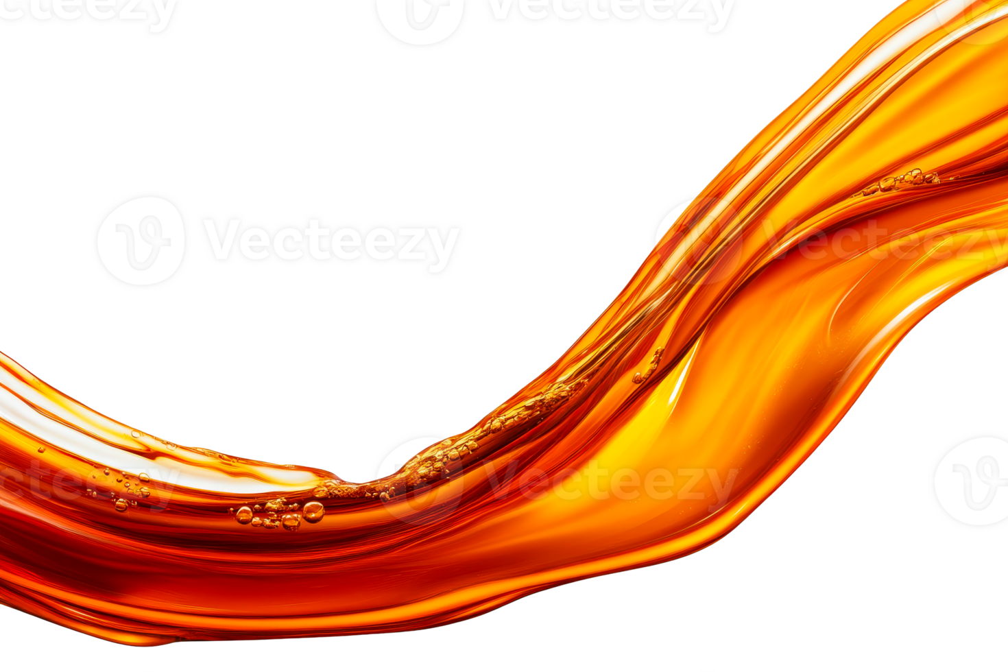 Orange Liquid Wave Swirl with Bubbles on Black Background, cut out transparent png