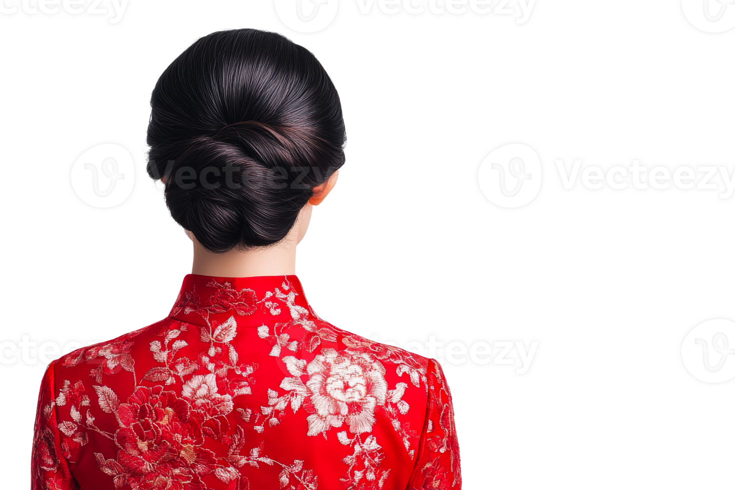 Back view of a woman with elegant updo in red dress, cut out transparent png