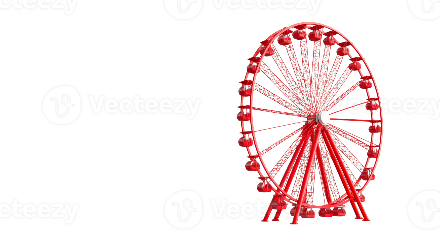 Red ferris wheel with gondolas on black background, cut out transparent png