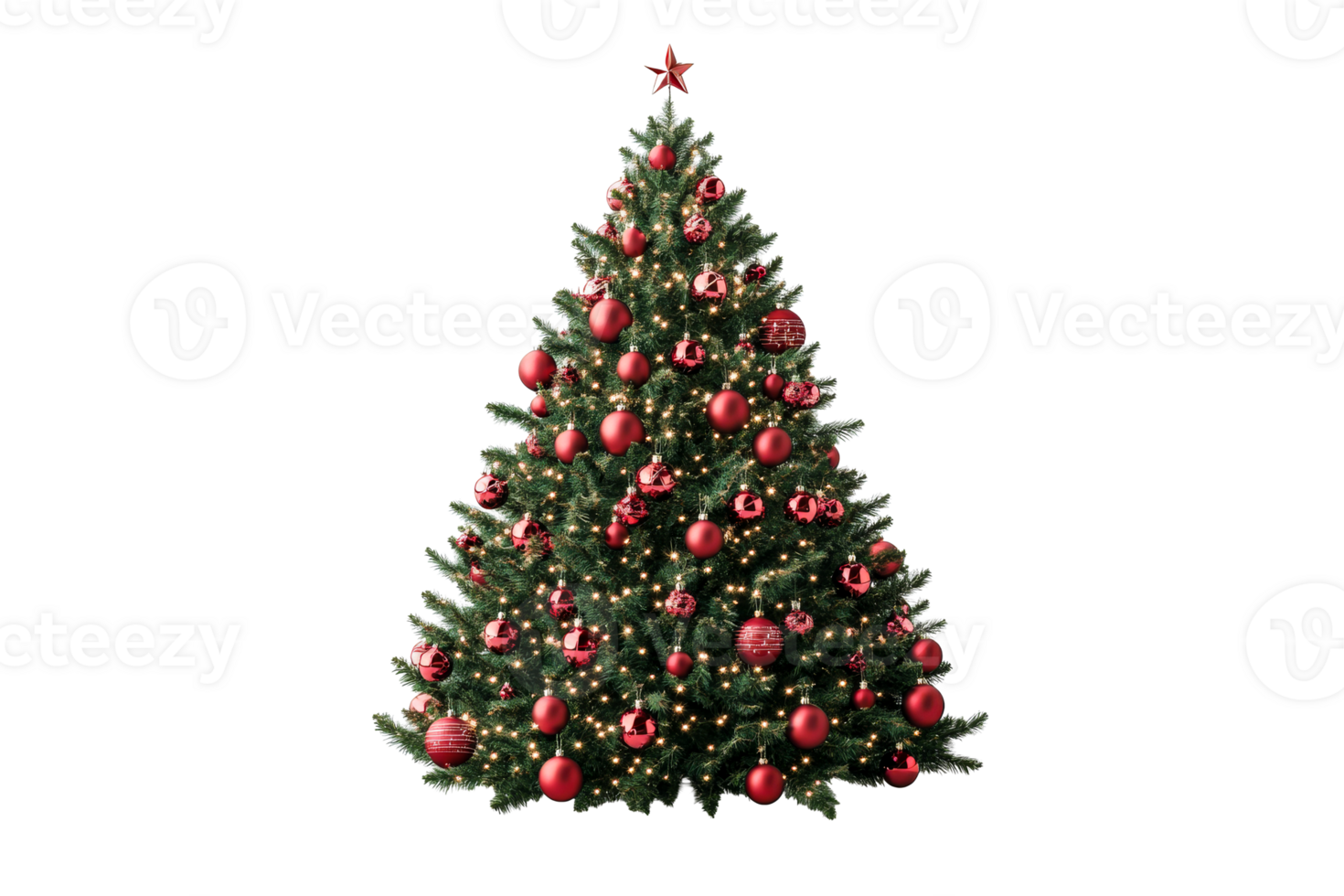 Christmas tree decorated with red balls, cut out transparent png