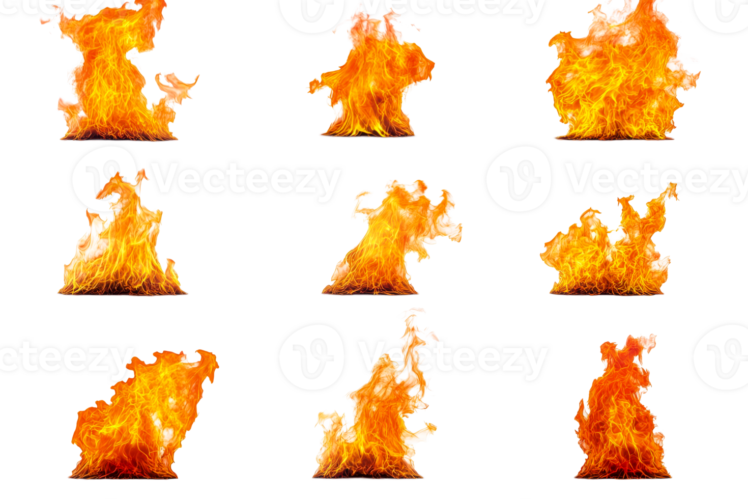 Fiery orange flames dancing against black background, realistic, cut out transparent png