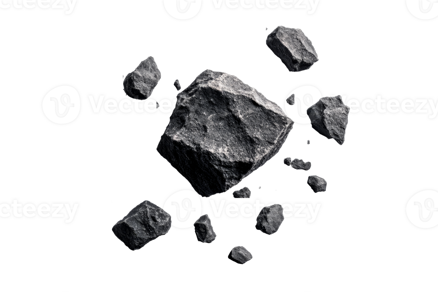Asteroid debris composition on black background, space rocks, cut out transparent png