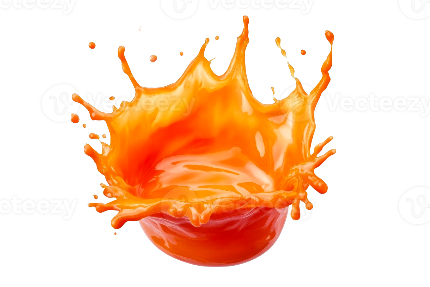 Orange liquid splash crown, burst with drops, dynamic flow, cut out transparent png