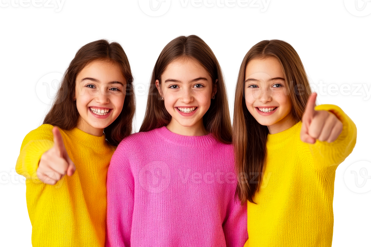 Smiling girls in colorful sweaters giving thumbs up, cut out transparent png