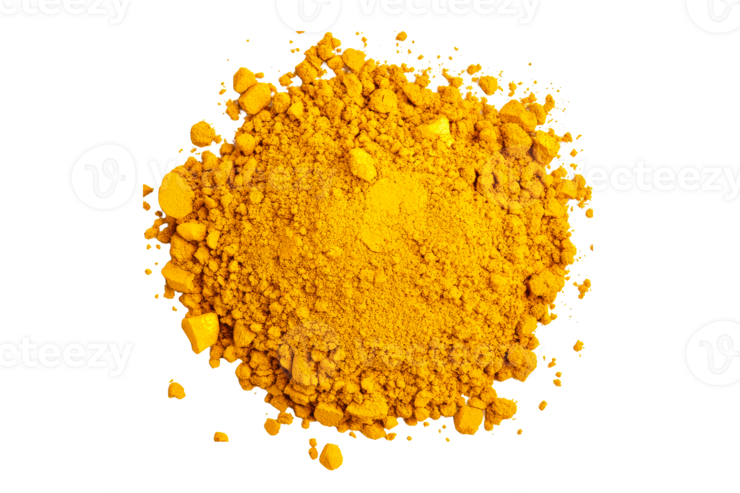 Pile of bright yellow turmeric powder, spices, ingredient, cut out transparent png