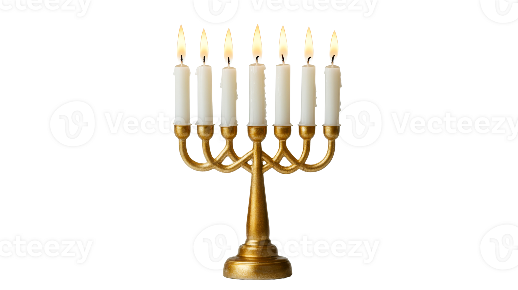 Golden menorah and eight candles lit in bright light, cut out transparent png