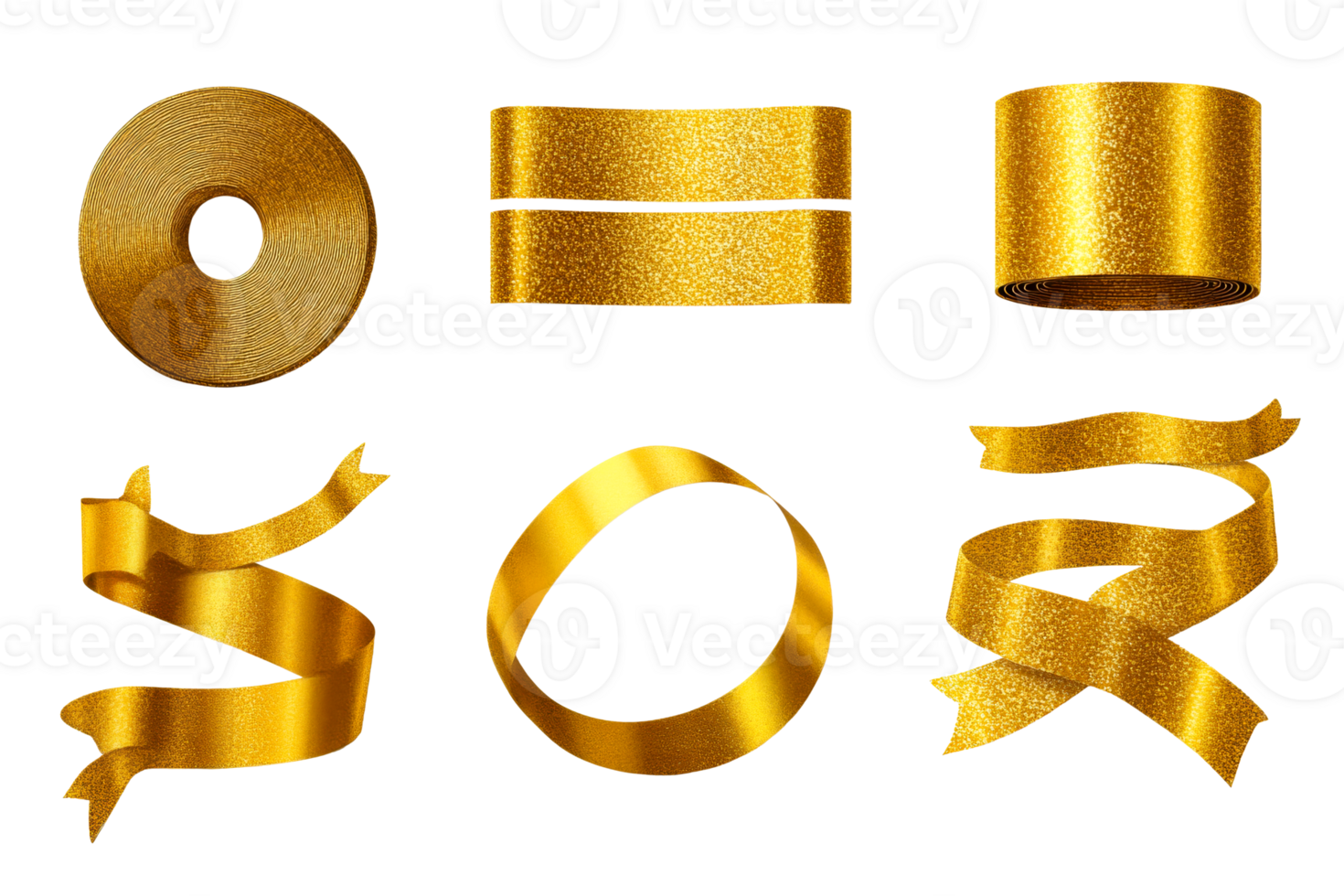 Golden ribbon elements on a black background, cut out transparent png