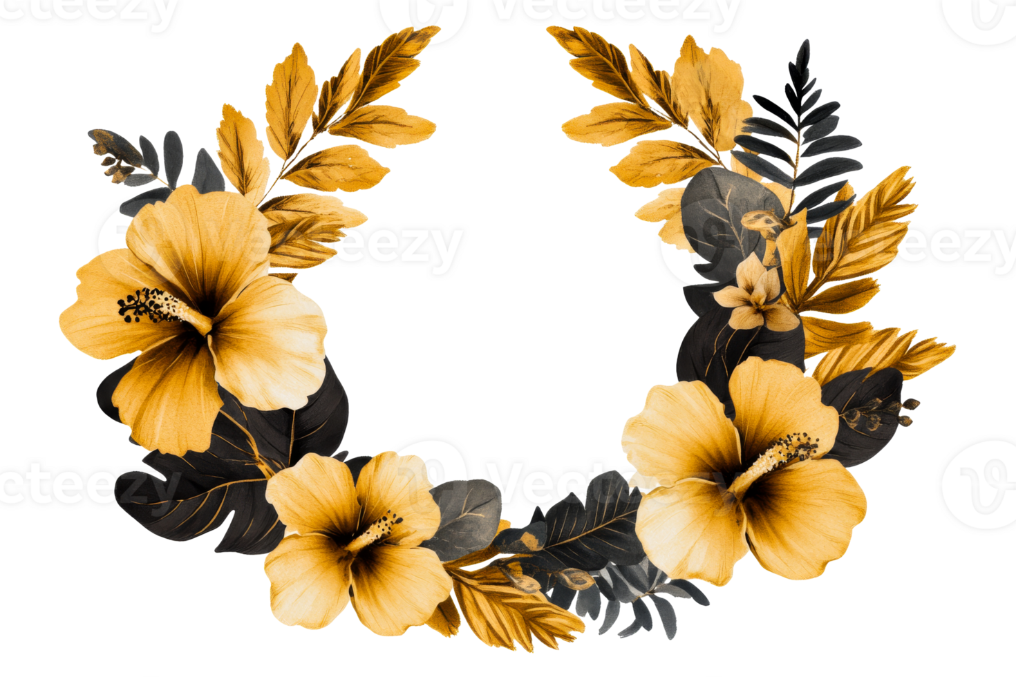 Golden hibiscus flower and leaves wreath botanical decoration, cut out transparent png
